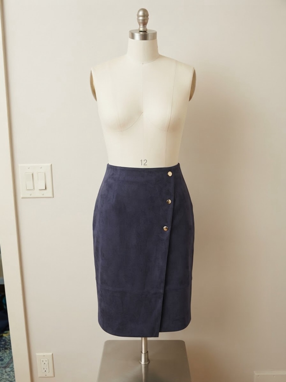 dip Navy Wrap-Style Pencil Skirt with Gold Buttons